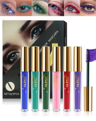 6 Colors Waterproof Mascara Set -Blue Green Purple Pink Red Colored Mascara for Eyelashes, Long Lasting Curling Mascara Volume and Length, High Impact Colorful Lash Mascara Makeup Halloween Cosplay-C