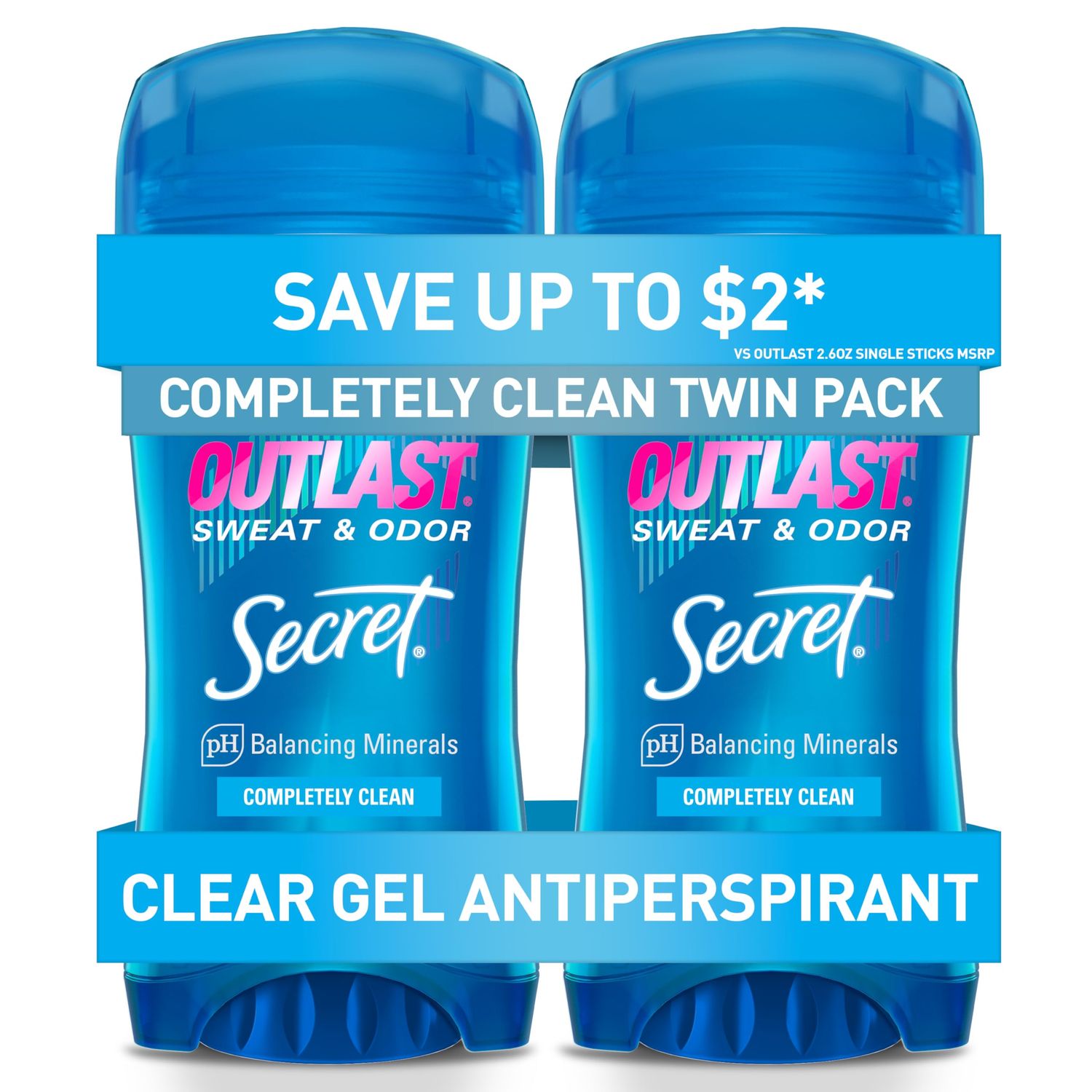 Secret Outlast Antiperspirant Deodorant for Women, Sweat &amp; Odor Protection, PH Balancing Minerals, Clear Gel, Completely Clean Scent, 2.6 oz (Pack of 2)
