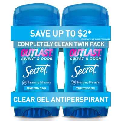 Secret Outlast Antiperspirant Deodorant for Women, Sweat &amp; Odor Protection, PH Balancing Minerals, Clear Gel, Completely Clean Scent, 2.6 oz (Pack of 2)