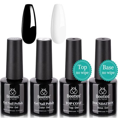 Beetles Gel Nail Polish Set- 4Pcs 7.5ml Black White Gel Nail Polish with No Wipe Top Coat and Base Coat Set Soak Off UV LED Nail Gel Manicure Gel Nail Polish Valentines Day Gifts for Her Women