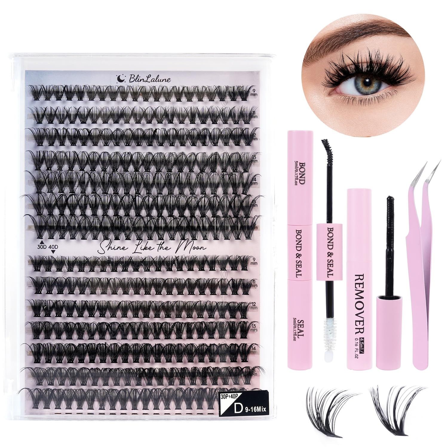 BlinLaLune DIY Lash Extension Kit 30D 40D Eyelash Clusters 9-16mm,280PCS Individual Lashes Perfect for At-Home Use, Beginner-Friendly with Bond Seal Remover and Tweezers (Black, 30D&amp;40D9-16MM280PKit)
