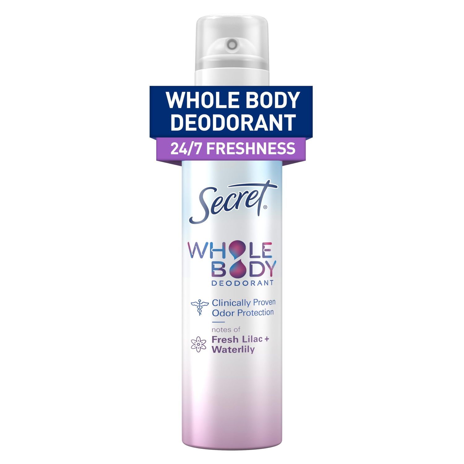 Secret Whole Body Deodorant Spray for Women, Lilac &amp; Waterlily Scent, Aluminum Free Deodorant Spray, 72 HR Odor Protection, 3.5 oz