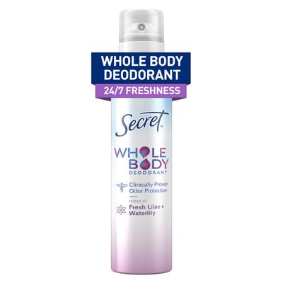 Secret Whole Body Deodorant Spray for Women, Lilac &amp; Waterlily Scent, Aluminum Free Deodorant Spray, 72 HR Odor Protection, 3.5 oz
