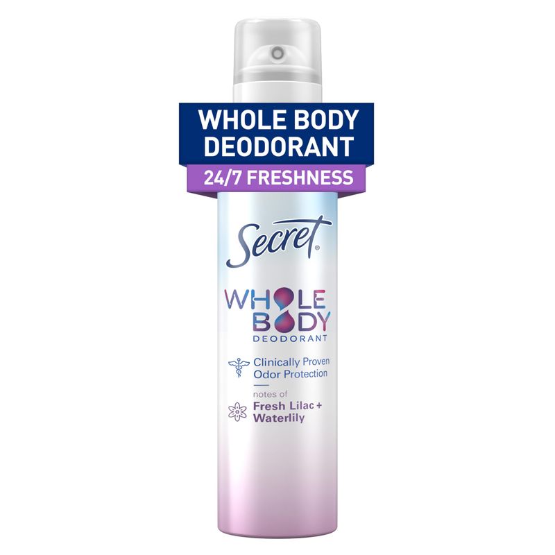 Secret Whole Body Deodorant Spray for Women, Lilac &amp; Waterlily Scent, Aluminum Free Deodorant Spray, 72 HR Odor Protection, 3.5 oz