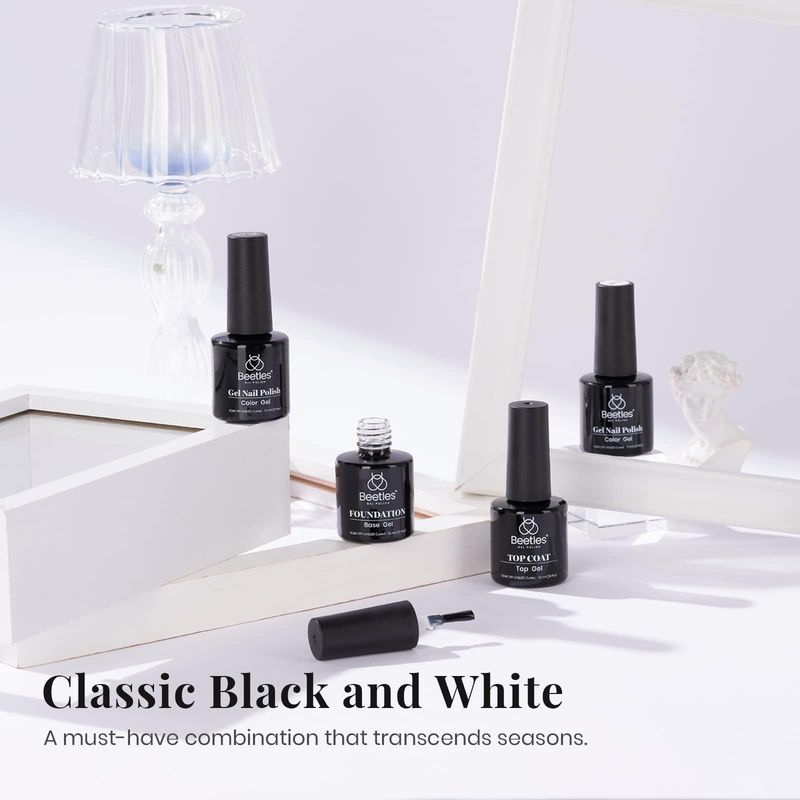 Beetles Gel Nail Polish Set- 4Pcs 7.5ml Black White Gel Nail Polish with No Wipe Top Coat and Base Coat Set Soak Off UV LED Nail Gel Manicure Gel Nail Polish Valentines Day Gifts for Her Women