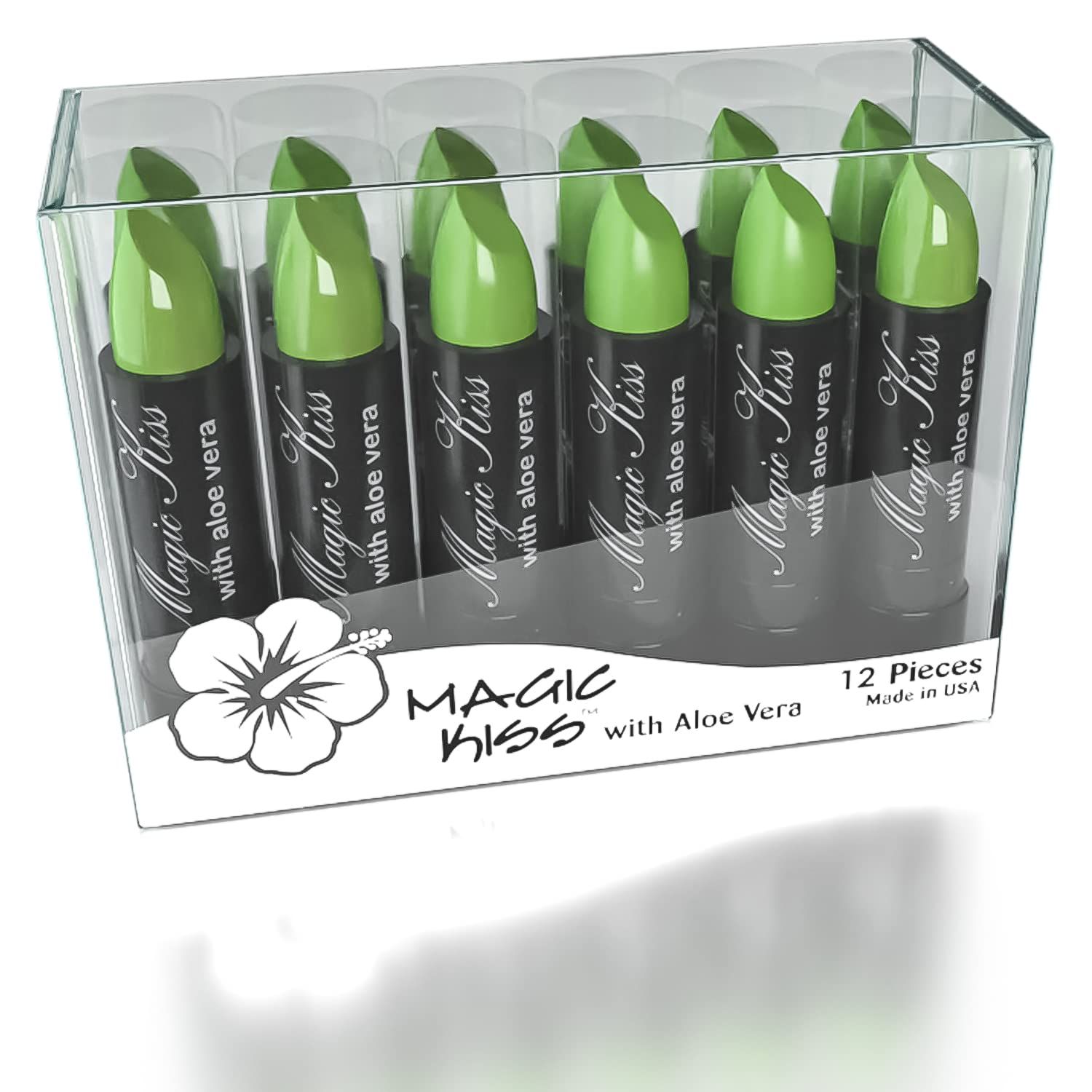 Magic Kiss Pack of 12 Color Changing Aloe Vera Lipstick set, MADE IN USA (Green)