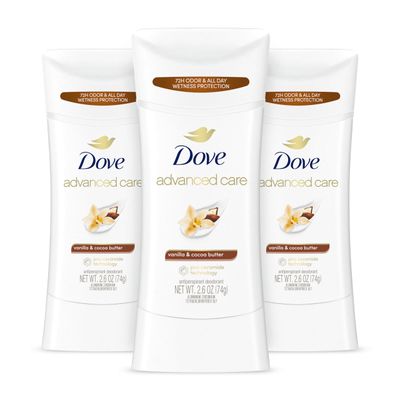 Dove Advanced Care Antiperspirant Deodorant Stick Vanilla &amp; Cocoa Butter 3 Count Antiperspirant deodorant with Pro-Ceramide Technology 72-hour odor control and all-day sweat protection 2.6 oz