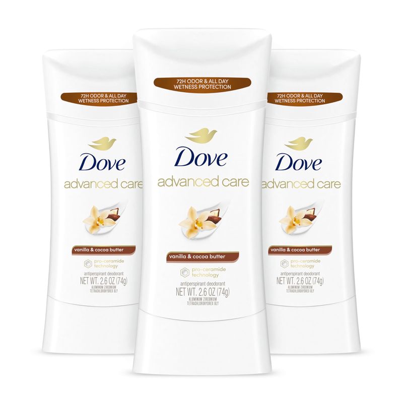 Dove Advanced Care Antiperspirant Deodorant Stick Vanilla &amp; Cocoa Butter 3 Count Antiperspirant deodorant with Pro-Ceramide Technology 72-hour odor control and all-day sweat protection 2.6 oz