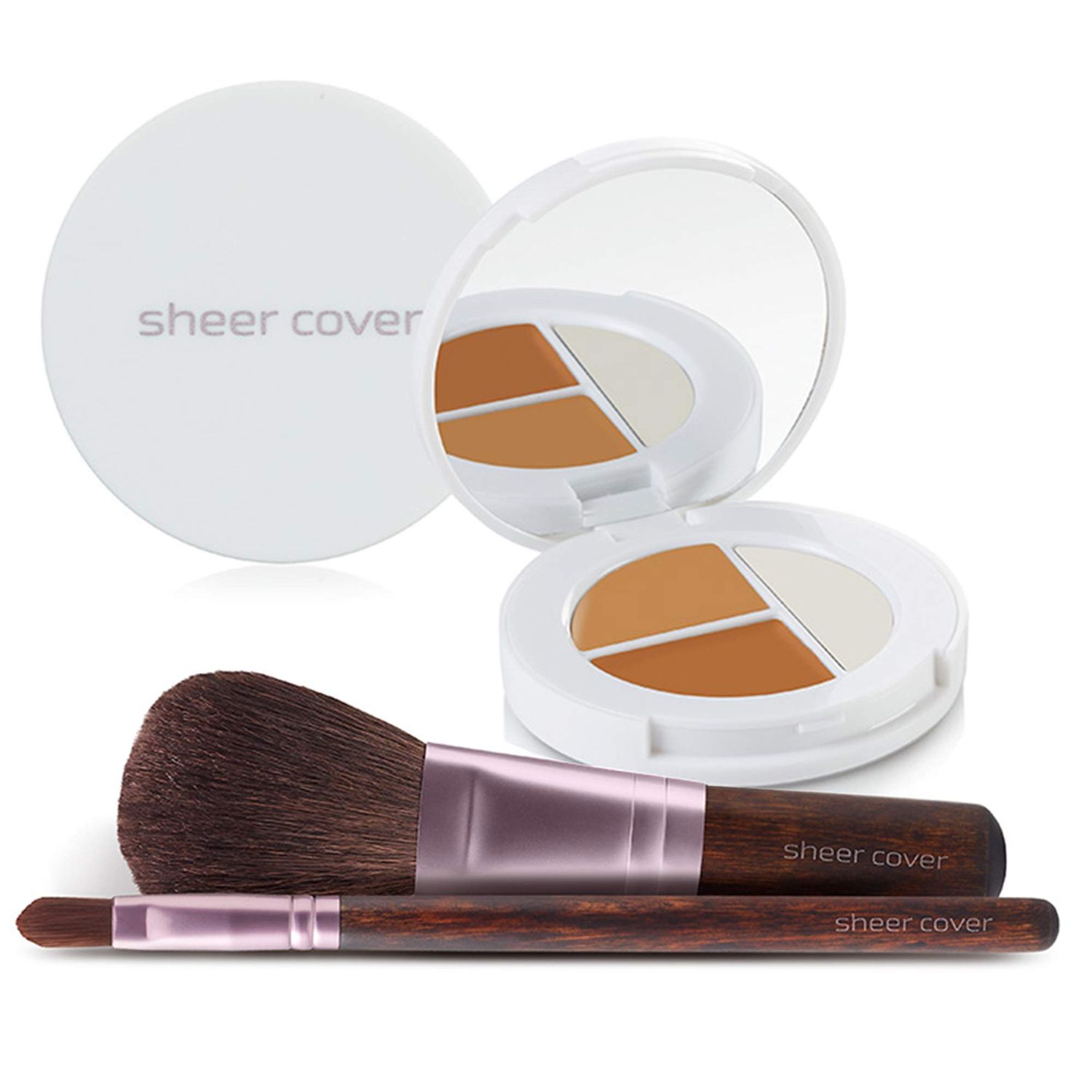 Sheer Cover - Flawless Face Kit - Perfect Shade Mineral Foundation - Conceal &amp; Brighten Highlight Trio - with FREE Foundation Brush and Concealer Brush - Dark Shade - 4 Pieces