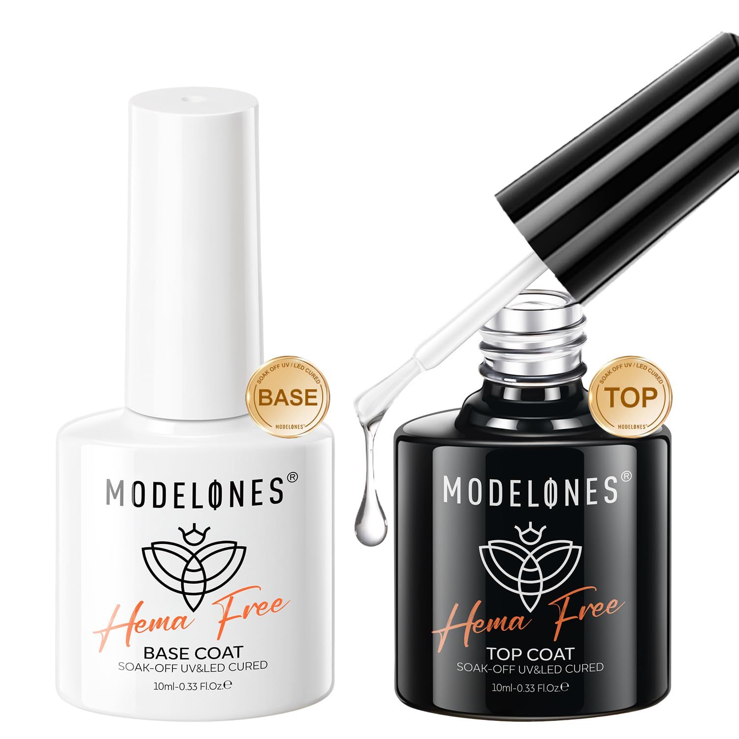 modelones Hema-Free Gel Base and Top Coat Set, 2 Pcs Clear Glossy Gel Top Base Coat No Wipe Long Lasting for Gel Polish, Acrylic Nails Soak Off Nail Lamp Nail Art Home Salon Manicure