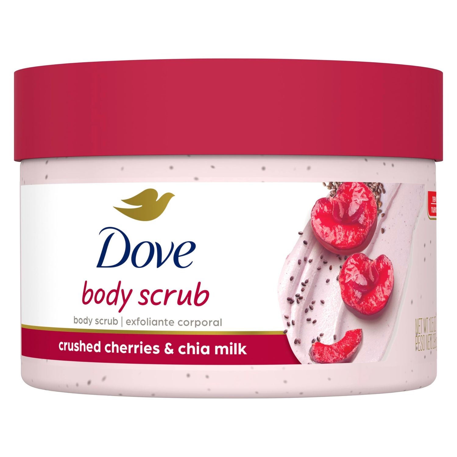Dove Exfoliating Body Polish Crushed Cherries &amp; Chia Milk Skin Care for Revitalized Skin Formulated with 14 Moisturizing Cream 10.5 oz