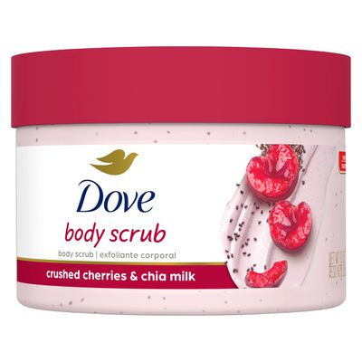Dove Exfoliating Body Polish Crushed Cherries &amp; Chia Milk Skin Care for Revitalized Skin Formulated with 14 Moisturizing Cream 10.5 oz