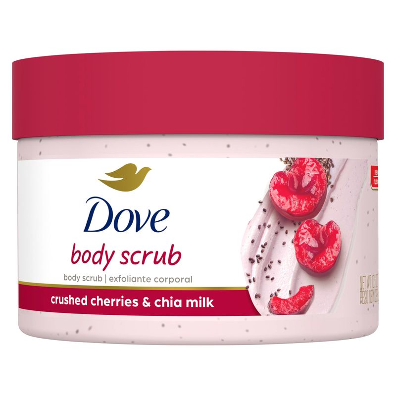 Dove Exfoliating Body Polish Crushed Cherries &amp; Chia Milk Skin Care for Revitalized Skin Formulated with 14 Moisturizing Cream 10.5 oz