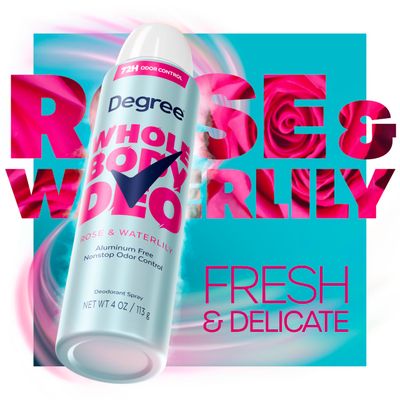 Degree Whole Body Deodorant Rose &amp; Waterlily Deodorant Spray for Women Aluminum Free 72H Odor Protection, 4 oz