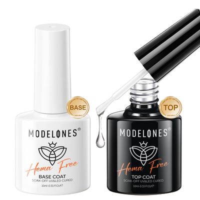 modelones Hema-Free Gel Base and Top Coat Set, 2 Pcs Clear Glossy Gel Top Base Coat No Wipe Long Lasting for Gel Polish, Acrylic Nails Soak Off Nail Lamp Nail Art Home Salon Manicure