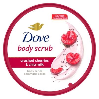 Dove Exfoliating Body Polish Crushed Cherries &amp; Chia Milk Skin Care for Revitalized Skin Formulated with 14 Moisturizing Cream 10.5 oz