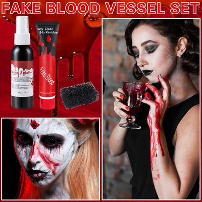 ZHISHUDL Fake Blood Spray 2.1oz(60 ml) Fake Blood Gel With Spong Washable Fake Blood Makeup for Clothes Face Body,Halloween Special Effects Clown Cosplay Vampire Zombie Makeup Kit