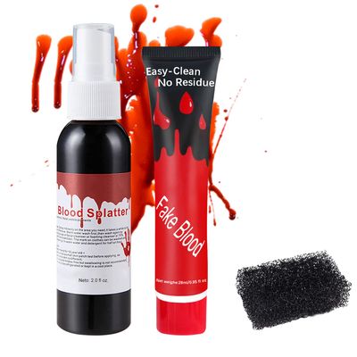 ZHISHUDL Fake Blood Spray 2.1oz(60 ml) Fake Blood Gel With Spong Washable Fake Blood Makeup for Clothes Face Body,Halloween Special Effects Clown Cosplay Vampire Zombie Makeup Kit