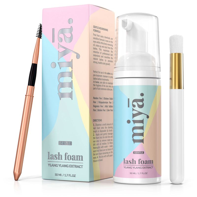 Eyelash Extension Cleanser  Rose Gold Mascara Wand &amp; Brush | Eyelid Cleanser | Lash Bath | Paraben &amp; Sulfate Free Makeup Remover Lash Cleanser for Extensions | Salon &amp; Home | Miya Lash Shampoo 50ml