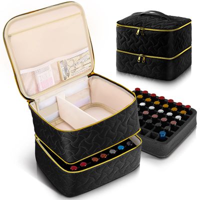 Nail Polish Organizer Case Holds 42 Bottles (15ml0.5 fl.oz), Double-Layer Nail Polish Storage with Adjustable Dividers, Portable Nail Polish Bag for Nail Gel Nail Lamp and Manicure Tools, Black