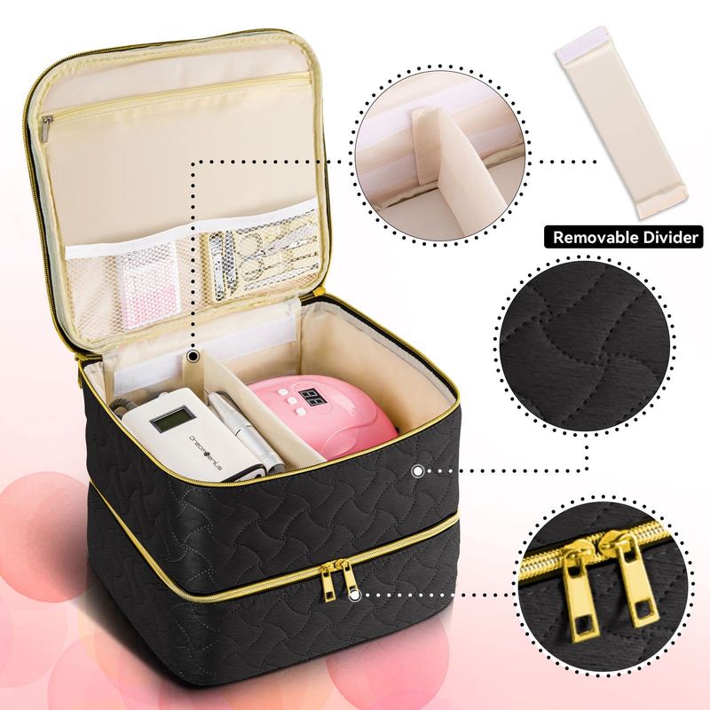 Nail Polish Organizer Case Holds 42 Bottles (15ml0.5 fl.oz), Double-Layer Nail Polish Storage with Adjustable Dividers, Portable Nail Polish Bag for Nail Gel Nail Lamp and Manicure Tools, Black
