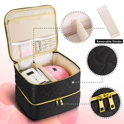 Nail Polish Organizer Case Holds 42 Bottles (15ml0.5 fl.oz), Double-Layer Nail Polish Storage with Adjustable Dividers, Portable Nail Polish Bag for Nail Gel Nail Lamp and Manicure Tools, Black