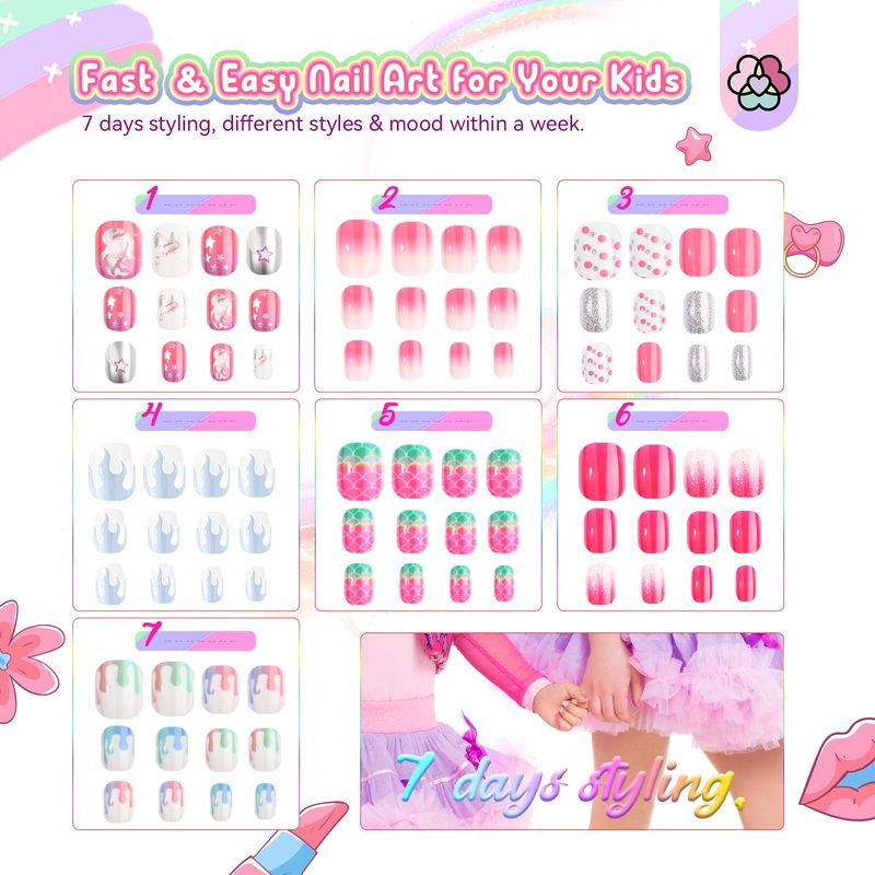 SAVILAND 168Pcs 7 Pack Press on Nails for Kids Children Fake Nails Stick on Nails Pre-glue Full Cover Glitter Gradient Color Star Short Acrylic Nail Tips Nail Art Christmas Gifts for 8-12 Year Kids