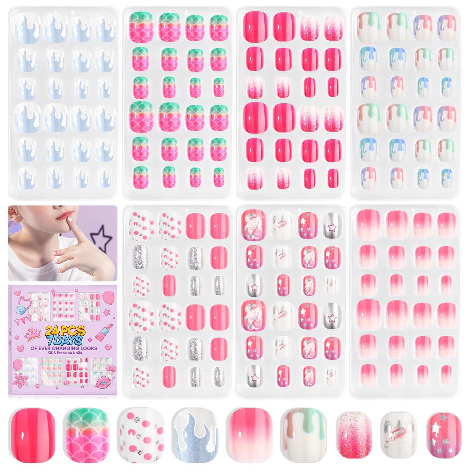 SAVILAND 168Pcs 7 Pack Press on Nails for Kids Children Fake Nails Stick on Nails Pre-glue Full Cover Glitter Gradient Color Star Short Acrylic Nail Tips Nail Art Christmas Gifts for 8-12 Year Kids