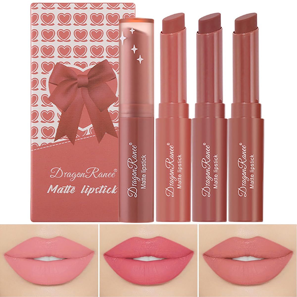 FYEBOO 3 Colors Red Tube Lipstick, Cigarette Lipstick Set, Labiales Mate Velvet Lipstick Moisturizer &amp; Smooth, Long Lasting 24 Hours Waterproof (Set B)