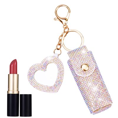 Fantasyon Lipstick Holder with Mirror Leather Diamond Lip Gloss Bag Chapstick Holder Keychain Portable Lip Balms Holder for Women Girl Travel Lipgloss Coins Storage Holder for Purse(Color)