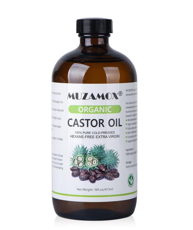 MUZAMOX Organic Castor Oil Cold Pressed Glass Bottle, 100% Pure, Cold Pressed &amp; Hexane Free, Castor Oil for Hair Growth &amp; Care, Thicker Eyelashes &amp; Eyebrows and Castor Oil Pack, 16 Fl Oz