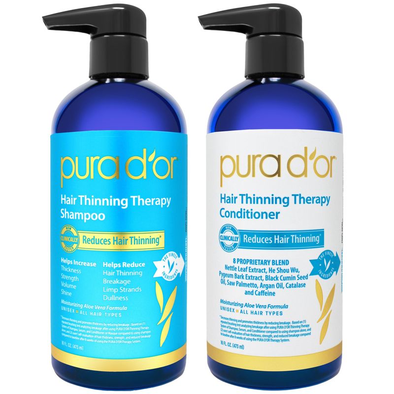 PURA D'OR Hair Thinning Therapy Biotin Shampoo and Conditioner Set, CLINICALLY TESTED Effective Results, DHT Blocker Hair Thickening Products For Women &amp; Men, Natural Routine, Color Safe, 16oz x2