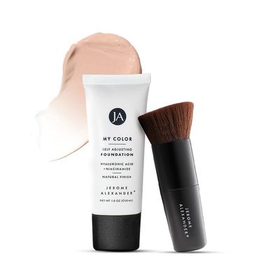 Jerome Alexander My Color Self-Adjusting Foundation, Hydrating &amp; Lightweight Face Makeup, Skincare-Infused, with Kabuki Brush, Light, 1 oz