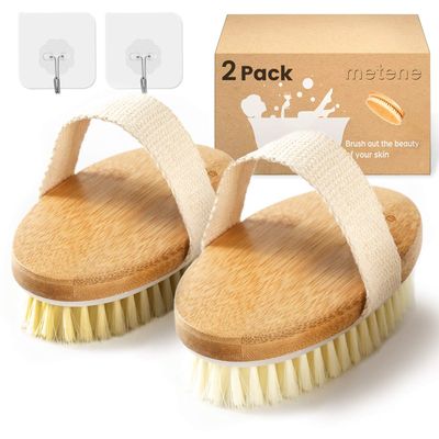 Metene Dry Brushing Body Brush with Soft and Stiff Natural Bristles, Body ExfoliatingMassage Scrub Brush for Cellulite and Lymphatic, Improve Your Circulation, 2 Pack