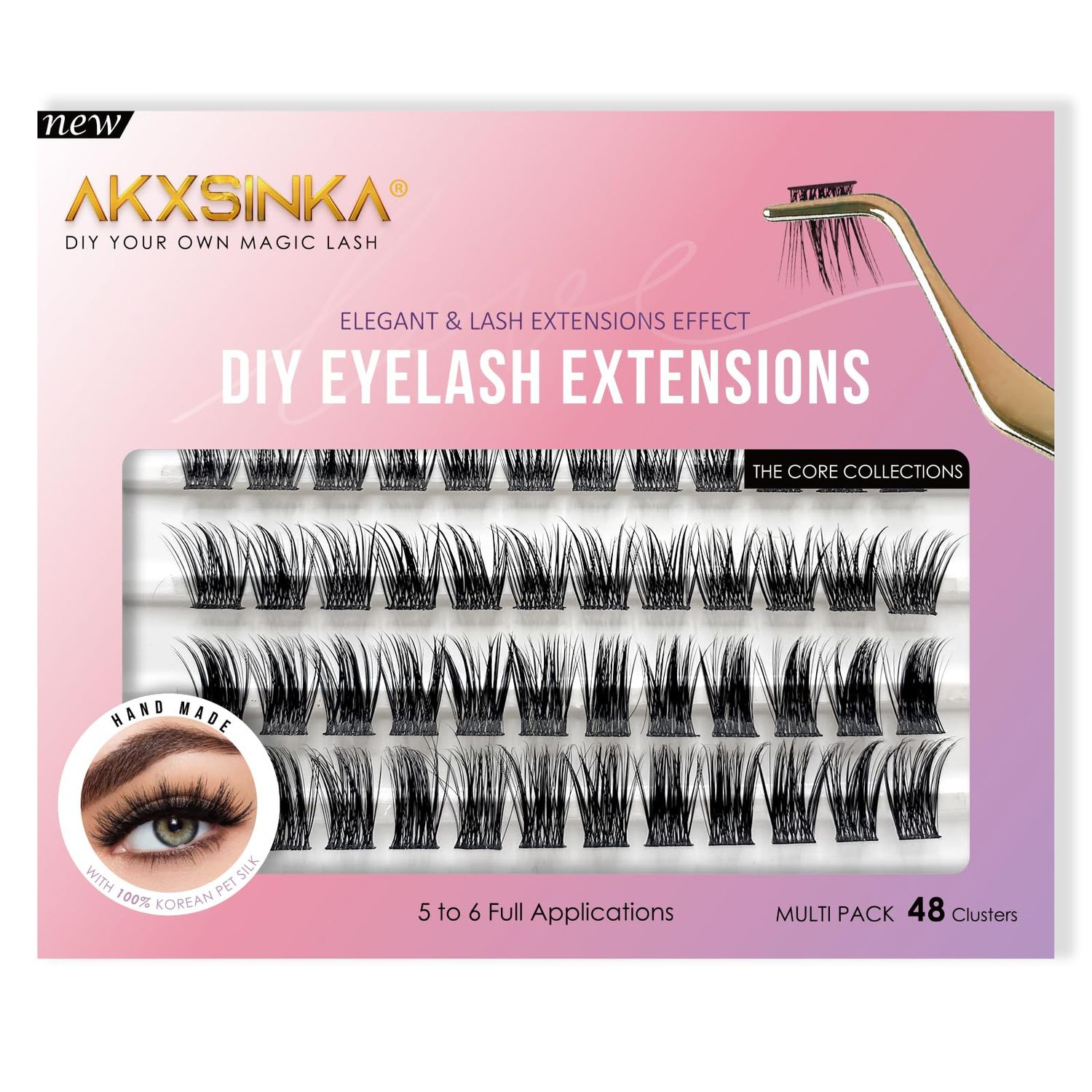 AKXSINKA Cluster Lashes, C Curl DIY Lash Extensions, Weightless Thinnest Lash Bands Multipack of 48 Wispy at home Cluster Eyelash Extensions