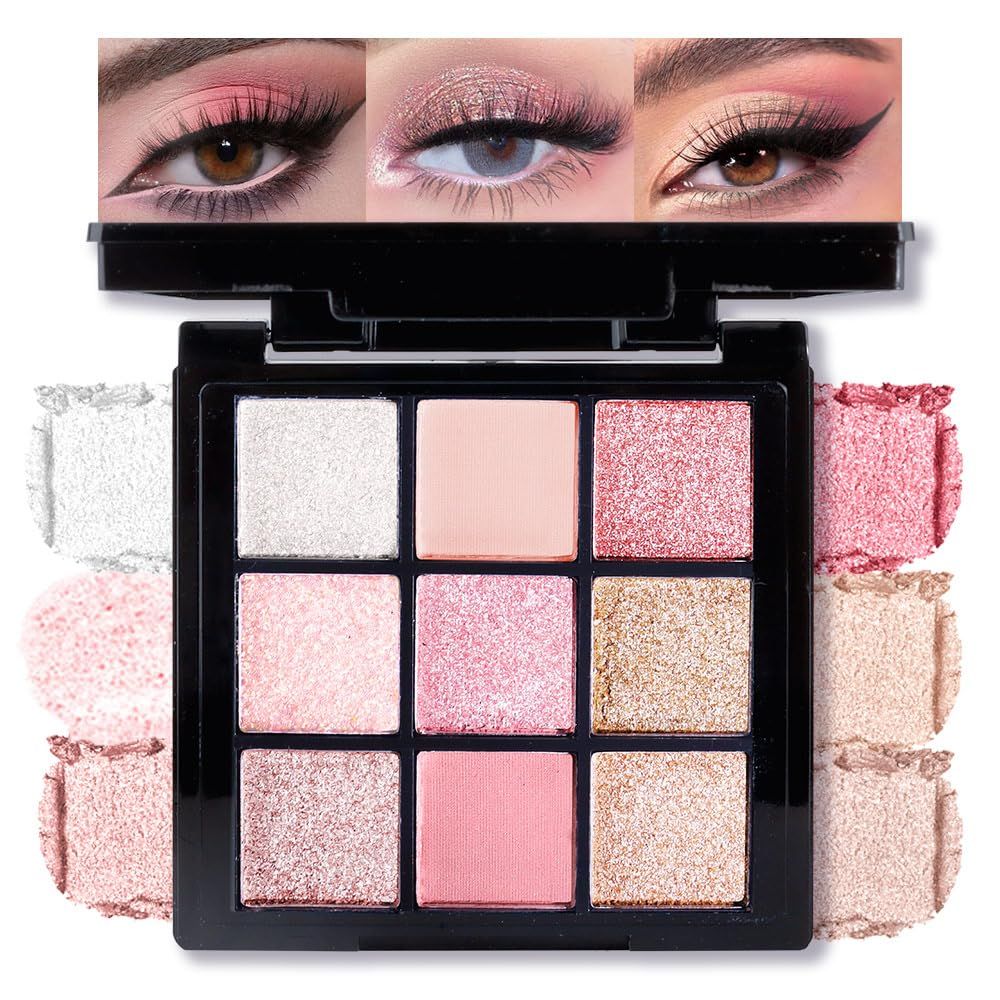 AMY&#39;S DIARY Matte Shimmer Light Deep Pink Eye Shadow Palette Makeup,Eyeshadow Long Lasting Waterproof Cruelty-Free, 9 Blendable Shades in Smooth Finishes with Gorgeous Pearls for Girls (Pink)