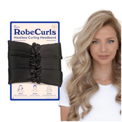 RobeCurls Heatless Hair Curler Set - Satin Curling Headband for Natural, No-Heat Curls - Sleep in Overnight Styling Tool with 2 Scrunchies for Women - Easy and Gentle on Hair (Black)