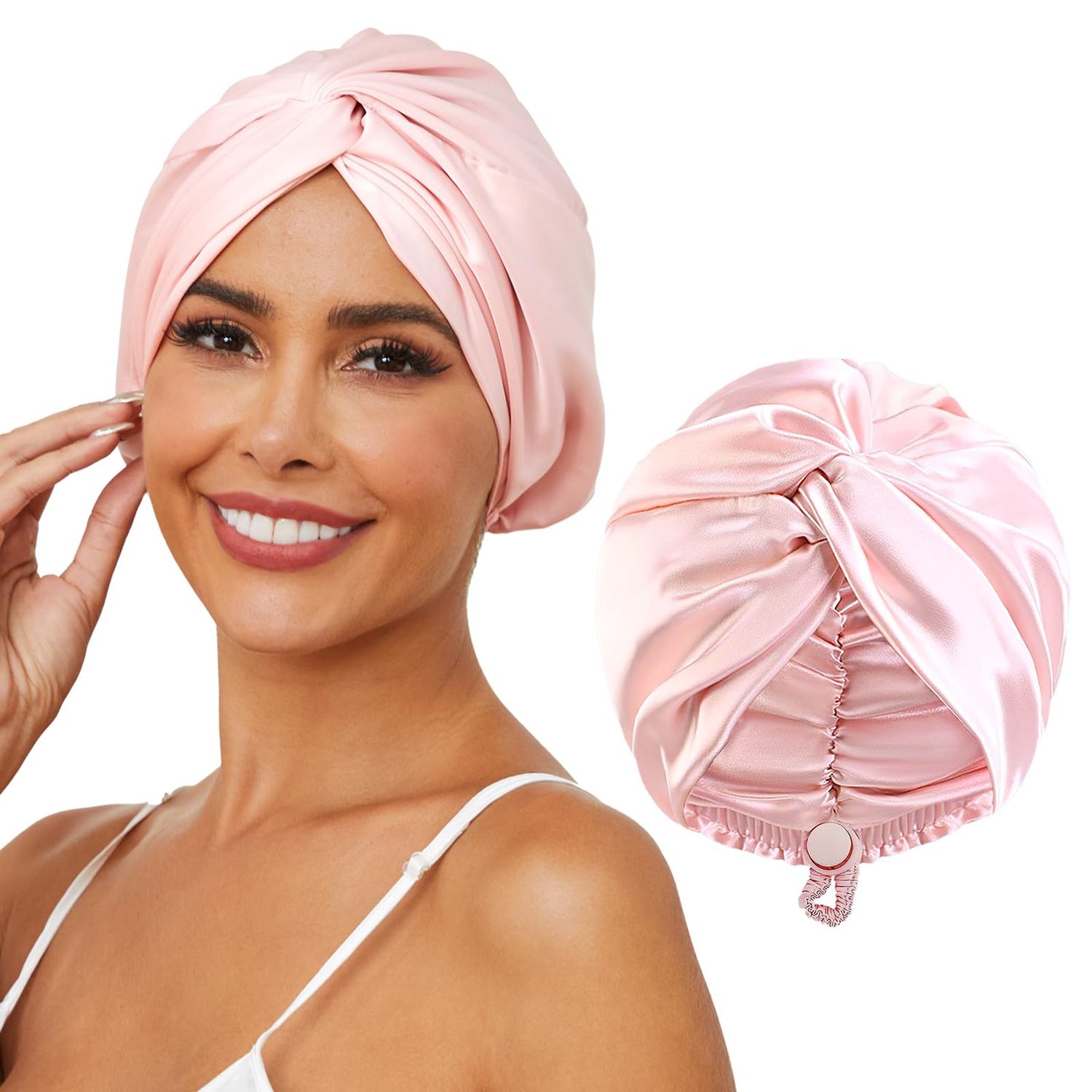 HFRHTGY Adjustable Silk Satin Hair Bonnet for Sleeping, Double Layer Hair Wrap Sleep Cap Turban for Women Men, Curly Straight Hair Long Large Braid Unisex (Royal Pink)