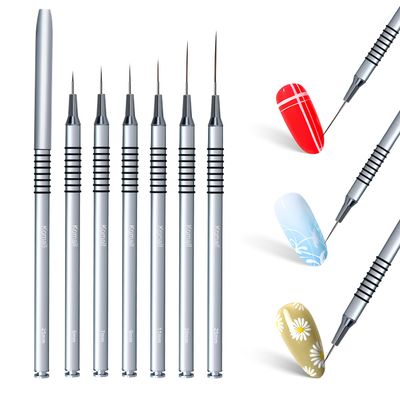 Komall Metallic Nail Art Brushes, 6Pcs Non Slip Liner Brush Set, UV Gel Polish Painting Art Design Pen for Long Lines, Thin Details, Fine Drawing Sizes 579112025mm(Silver)