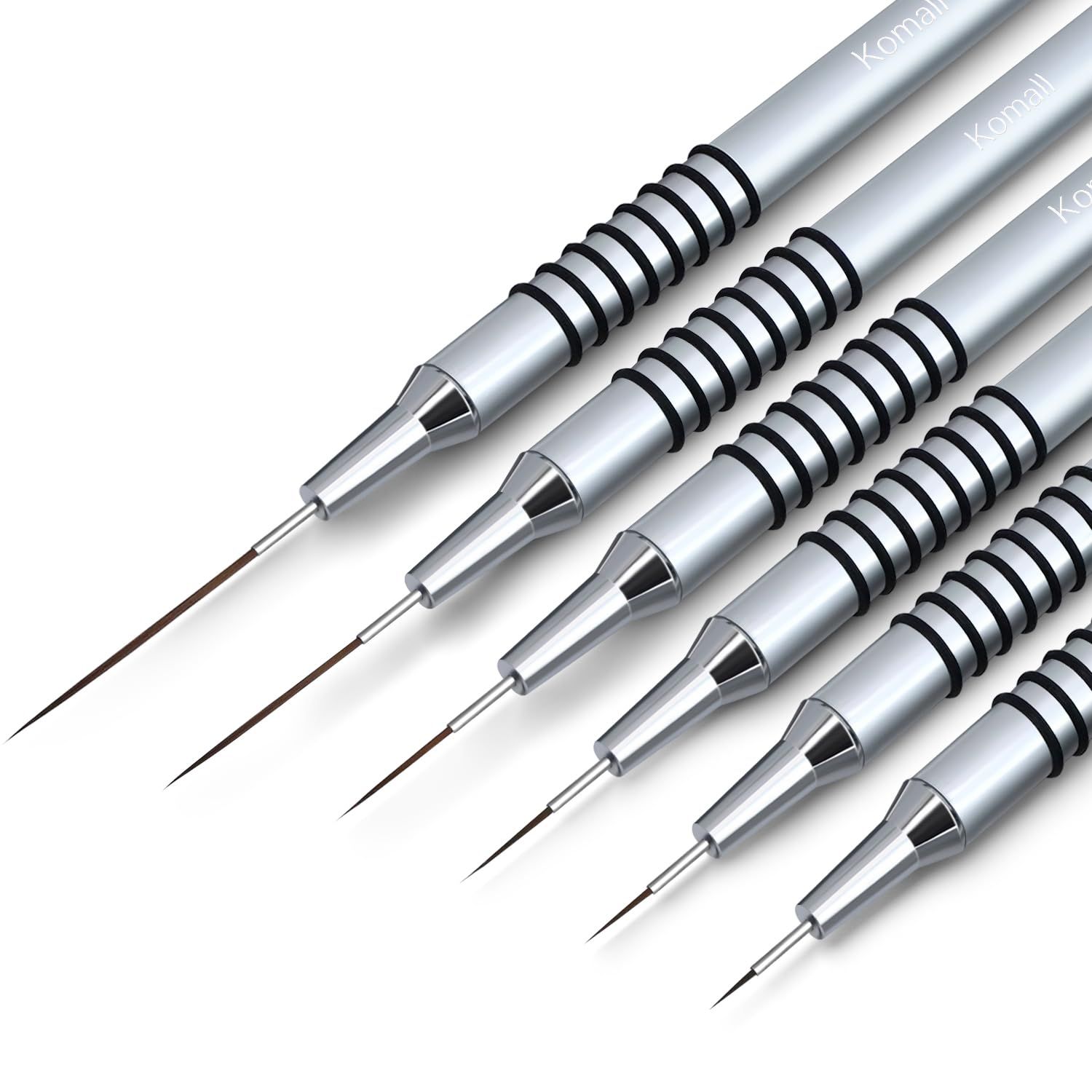 Komall Metallic Nail Art Brushes, 6Pcs Non Slip Liner Brush Set, UV Gel Polish Painting Art Design Pen for Long Lines, Thin Details, Fine Drawing Sizes 579112025mm(Silver)