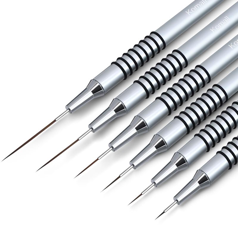 Komall Metallic Nail Art Brushes, 6Pcs Non Slip Liner Brush Set, UV Gel Polish Painting Art Design Pen for Long Lines, Thin Details, Fine Drawing Sizes 579112025mm(Silver)