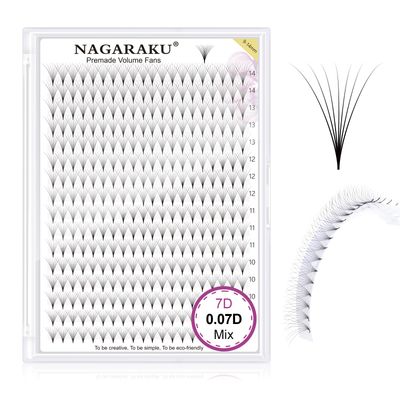 NAGARAKU Premade Fans Eyelash Extensions 320 Fans 7D Volume 0.07 D Curl 9-14 mm Mixed Tray Sharp Narrow Stem Clusters Thin Pointy Base Russian Pre Fanned Volume Premade Lash Matte Black Fluffy