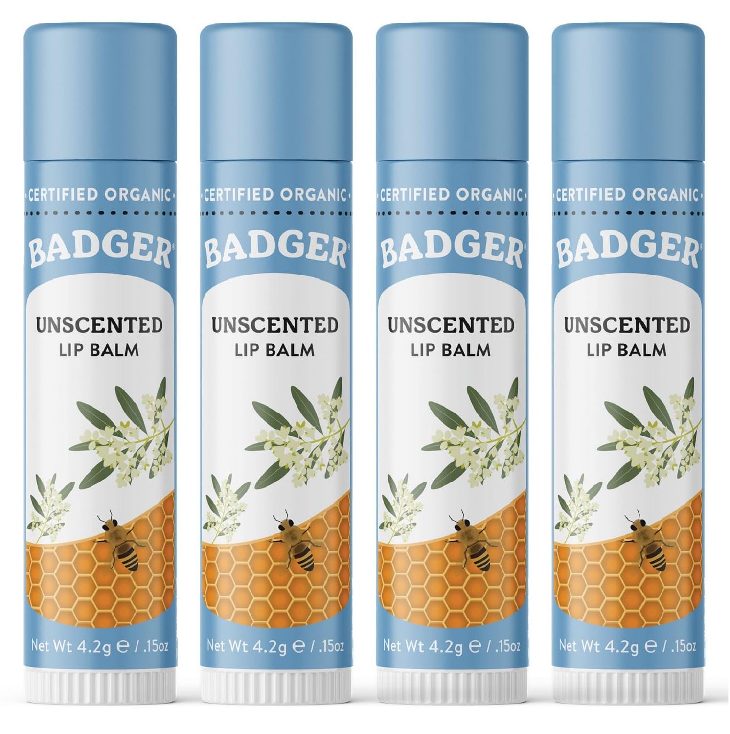 Badger - Classic Lip Balm, Unscented, Made with Organic Olive Oil, Beeswax &amp; Rosemary, Certified Organic, Moisturizing Lip Balm, 0.15 oz (4 Pack)
