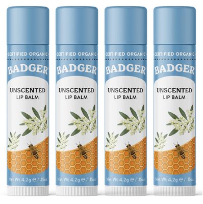 Badger - Classic Lip Balm, Unscented, Made with Organic Olive Oil, Beeswax &amp; Rosemary, Certified Organic, Moisturizing Lip Balm, 0.15 oz (4 Pack)