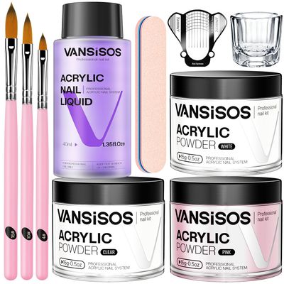 Acrylic Nail Kit for Beginners Clear White Pink Acrylic Powder and Liquid Set Professional Nails Kit Acrylic Set with Acrylic Nail Brushes for Home DIY