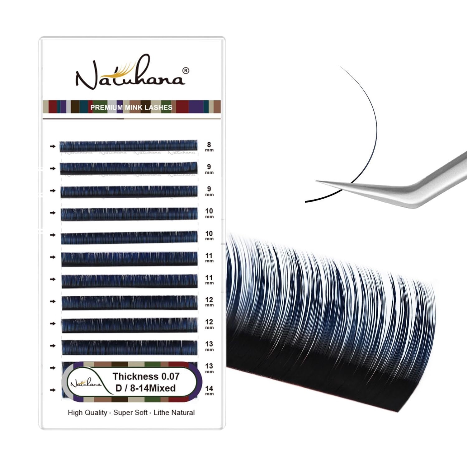 NATUHANA Colored Eyelash Extensions 0.07mm D Curl 8-14mm Mixed Length Tray, Premium Individual Easy Fan Lashes Volume, Professional Supplies for Lash Techs(BlackBlue,0.07 D,8-14 MIX)