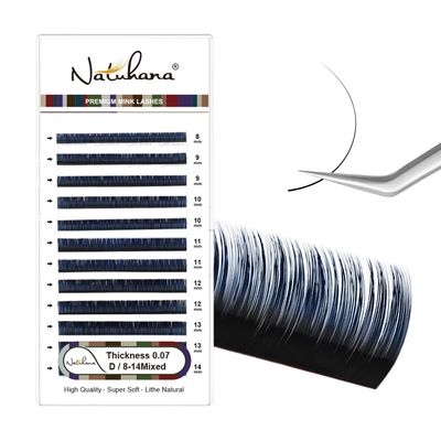 NATUHANA Colored Eyelash Extensions 0.07mm D Curl 8-14mm Mixed Length Tray, Premium Individual Easy Fan Lashes Volume, Professional Supplies for Lash Techs(BlackBlue,0.07 D,8-14 MIX)