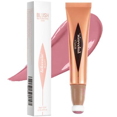 Go Ho Liquid Blush Beauty Wand,Soft Cream Blush Makeup,Liquid Face Blush Stick Contouring with Cushion Applicator,Easy to Blend &amp; Long Lasting &amp; Smooth Natural Dewy Finish,02 Happy Rose Blush
