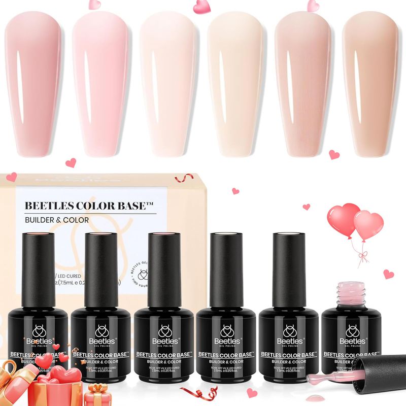 Beetles Base Color Gel Nail Polish, 6 Colors Nude Gel Polish Pink Peach Nail Polish Neutral Sheer French Tips Base Colors for Nails Rubber Base Soak Off Nail Art Design Valentine's Day Gifs for Women