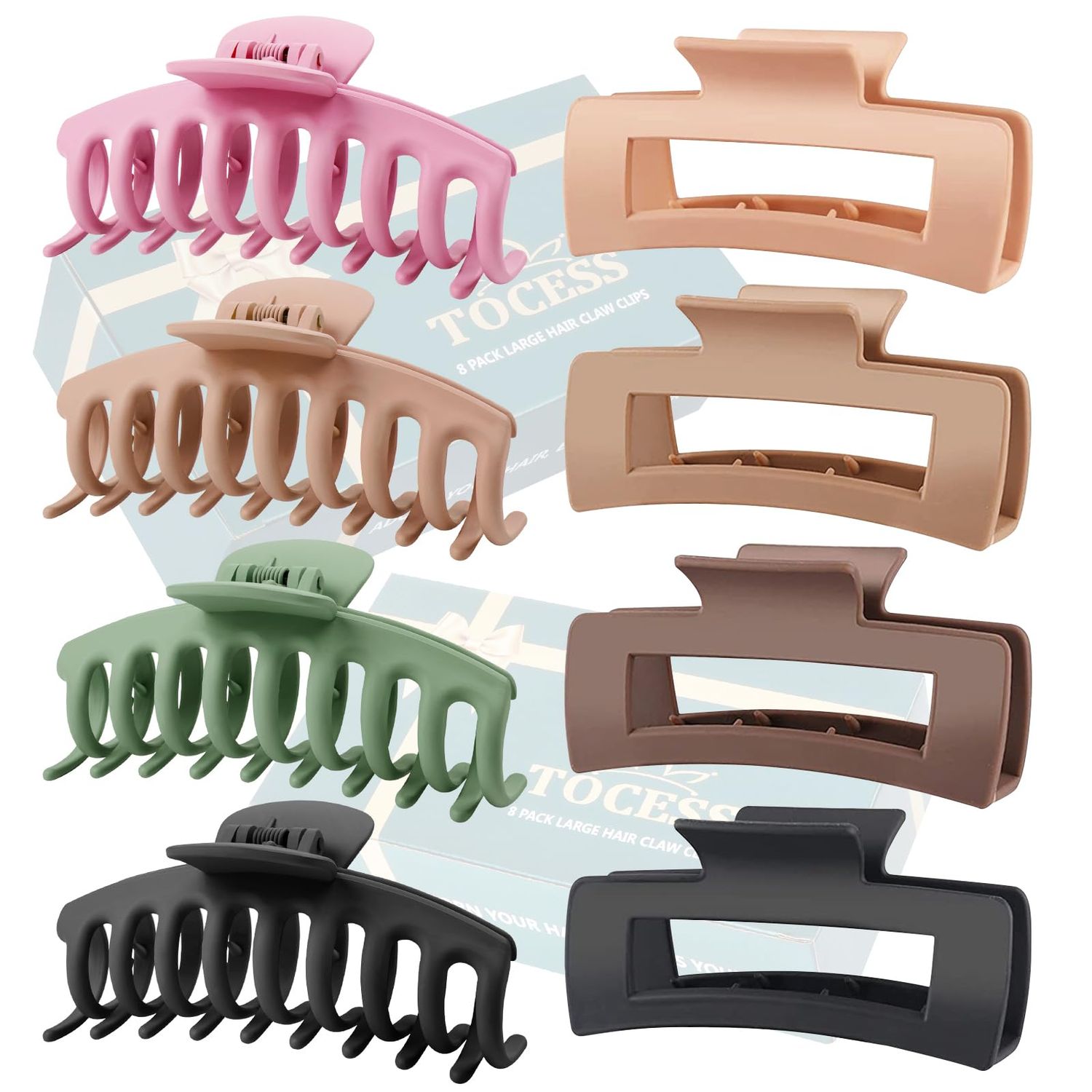 TOCESS 8 Pack Big Hair Claw Clips for Women Large Claw Clip for Thin Thick Curly Hair 90&#39;s Strong Hold 4.33 Inch Nonslip Matte Jumbo Hair Clips (8 Pcs)
